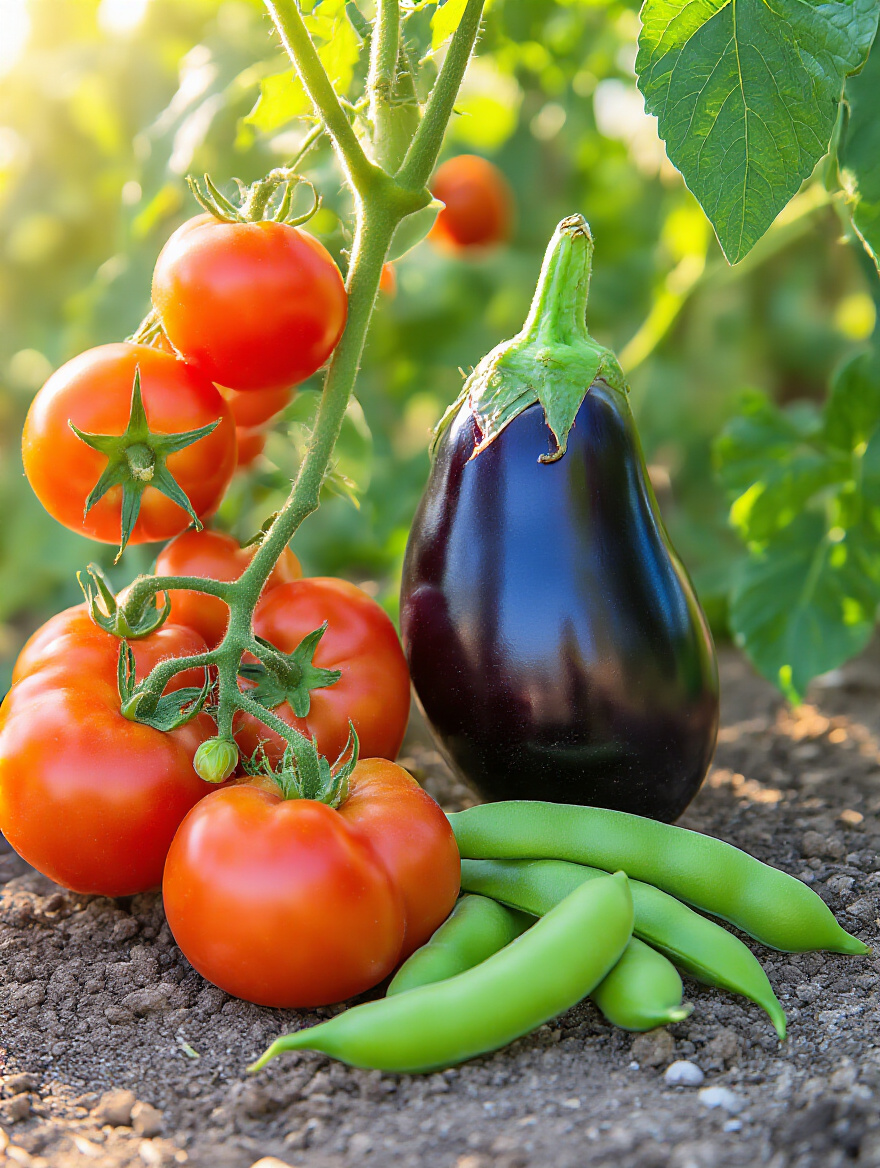 A perfectly ripe, deep red tomato on a vine, alongside other garden vegetables like a glossy purple eggplant and plump green beans, illustrating optimal crop ripeness for harvesting peak flavor.