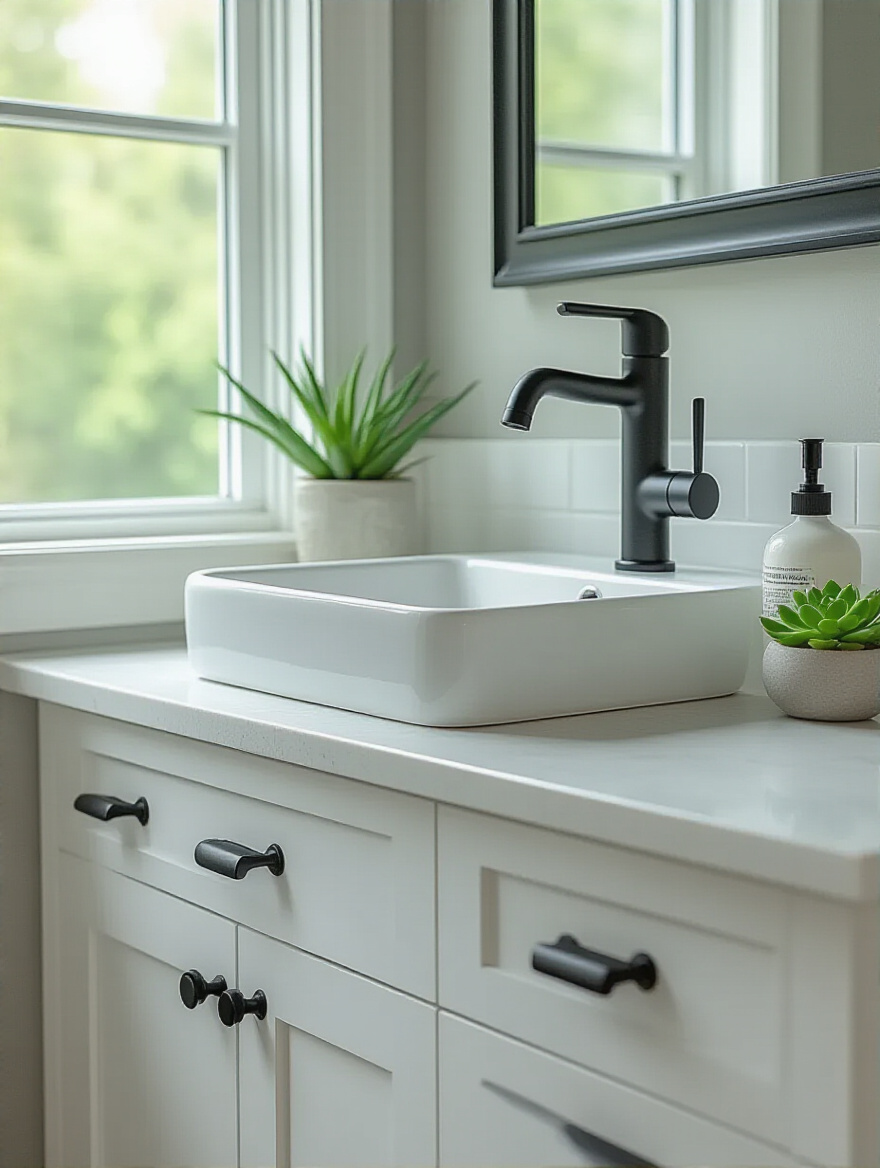 A stylish bathroom vanity featuring a modern sink with a sleek matte black faucet and matching cabinet hardware, illustrating a cohesive bathroom hardware update for a unified aesthetic.
