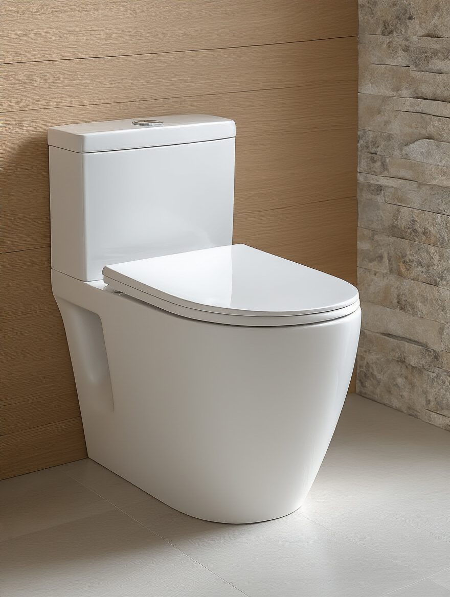 A professional photo of a modern white water-efficient toilet in a well-lit, clean bathroom, emphasizing water saving technology and sleek design.