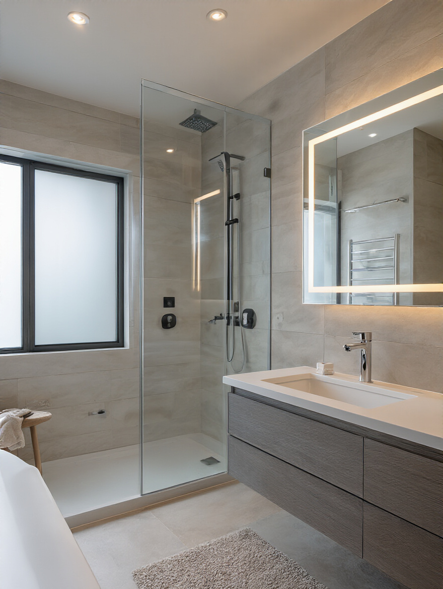 Portrait view of a modern smart bathroom with touchless fixtures and smart mirror