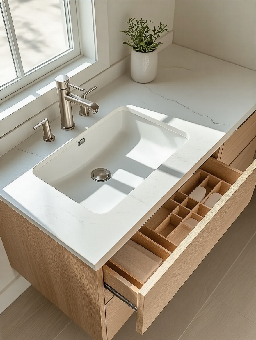Modern bathroom vanity with built-in storage and sleek sink, showing a clean, organized bathroom interior.