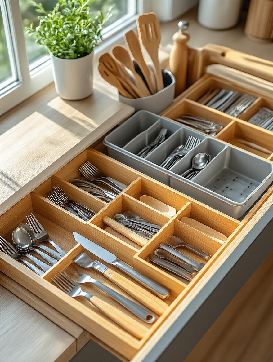 Open utensil drawer organized with bamboo and plastic inserts