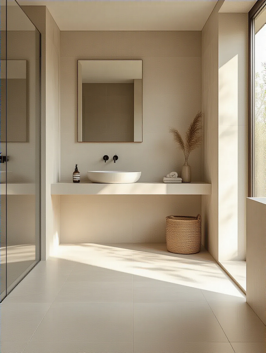 Modern bathroom with expansive large format tiles on floor and walls, enhancing perceived spaciousness and a sleek, minimalist aesthetic.