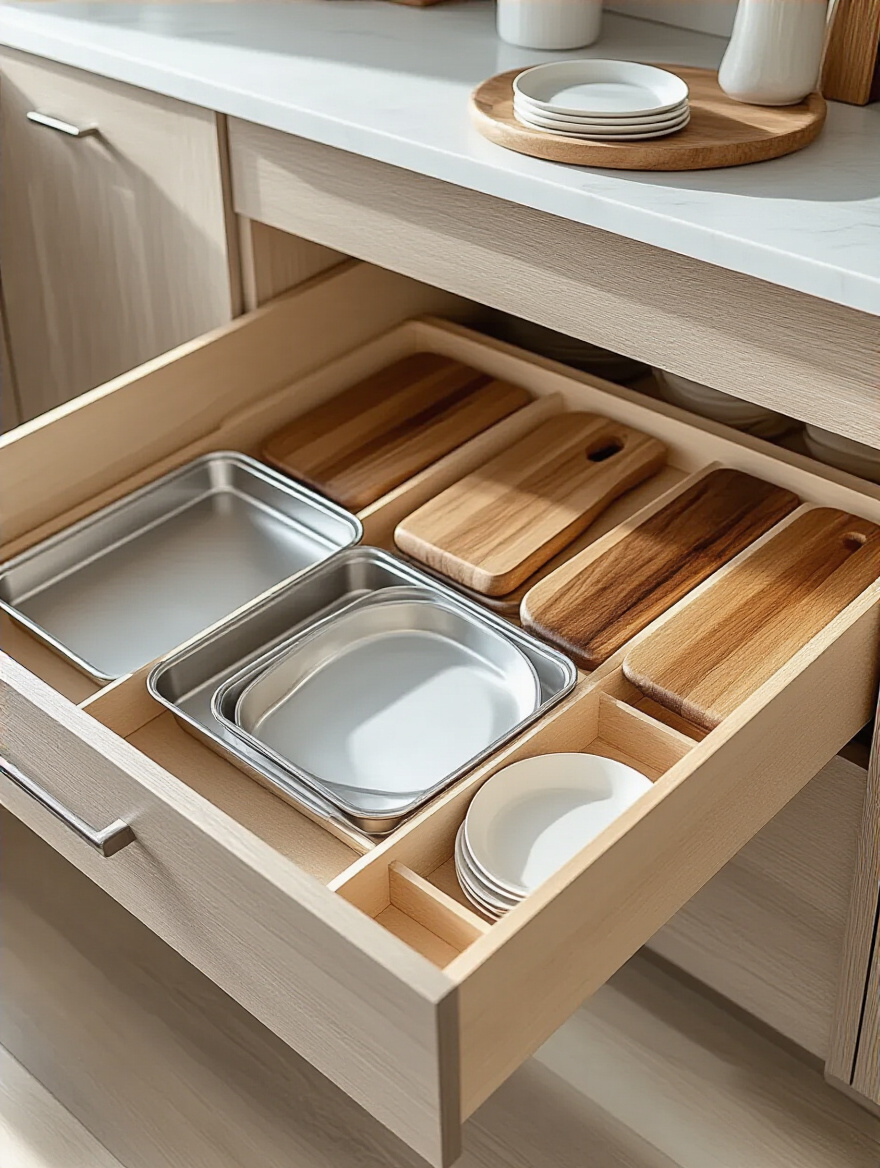 Vertical dividers inside an organized kitchen cabinet drawer holding baking sheets, cutting boards, and platters.