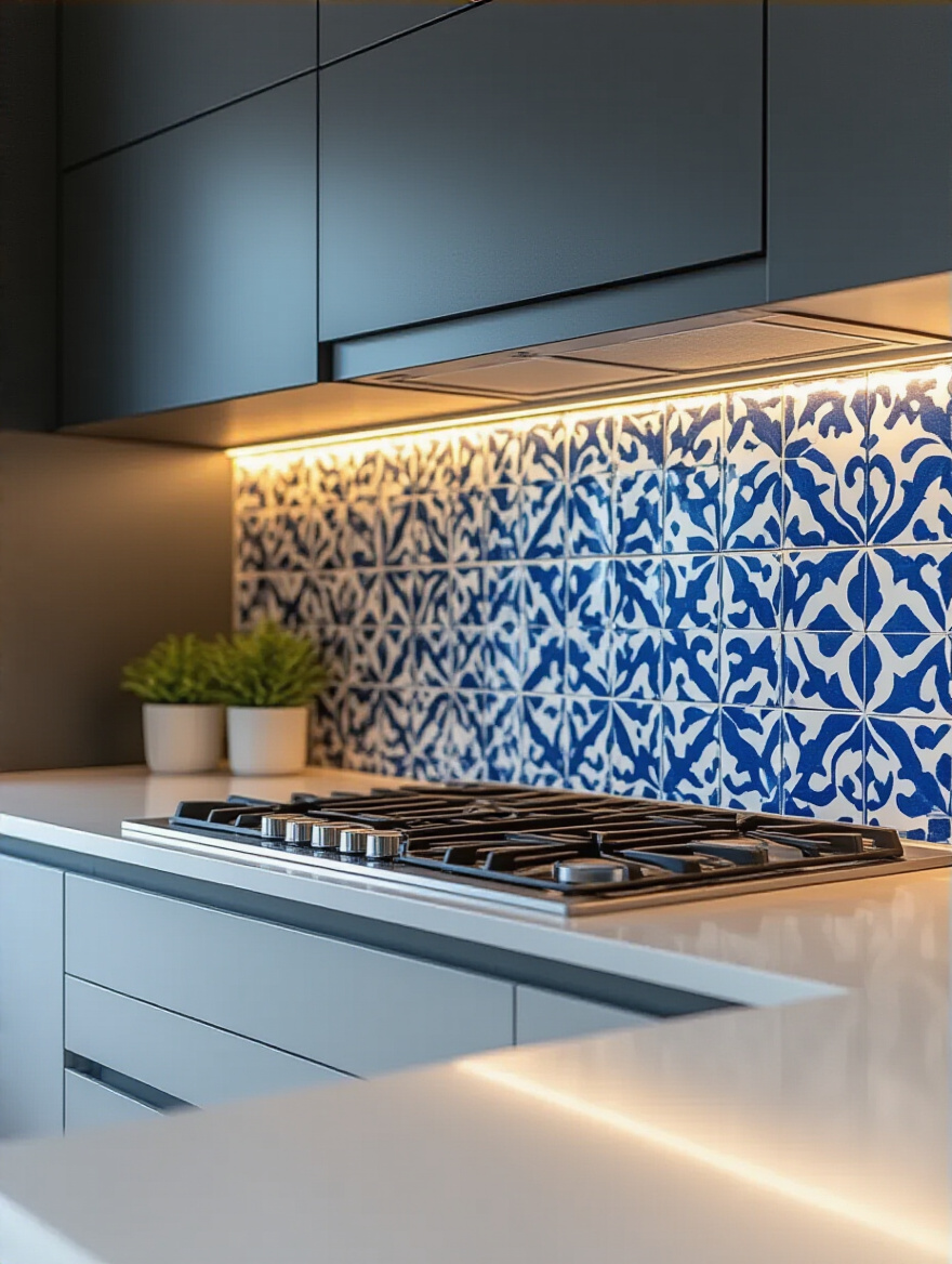 Contemporary kitchen backsplash featuring vibrant blue and white Moroccan-inspired patterned ceramic tiles behind a modern range, acting as a dynamic visual feature.