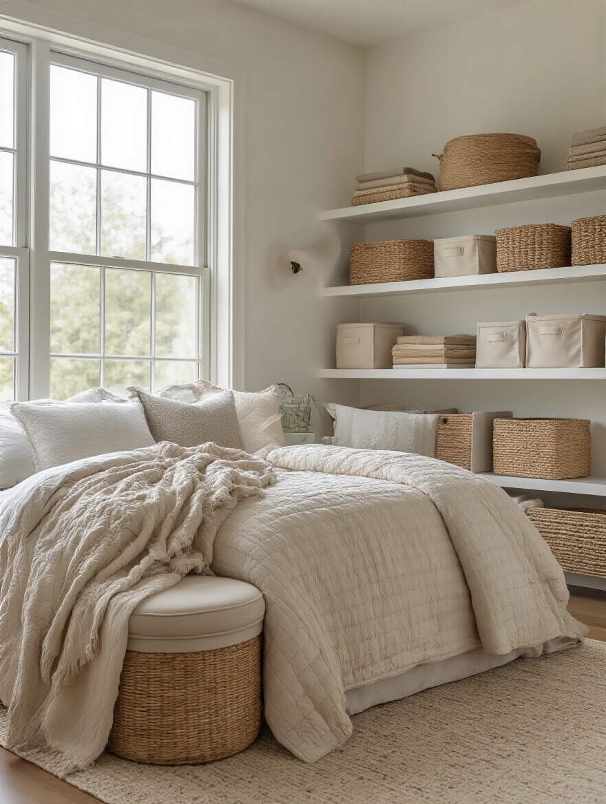 Cozy bedroom with soft fabric storage bins and woven baskets for clutter-free decor