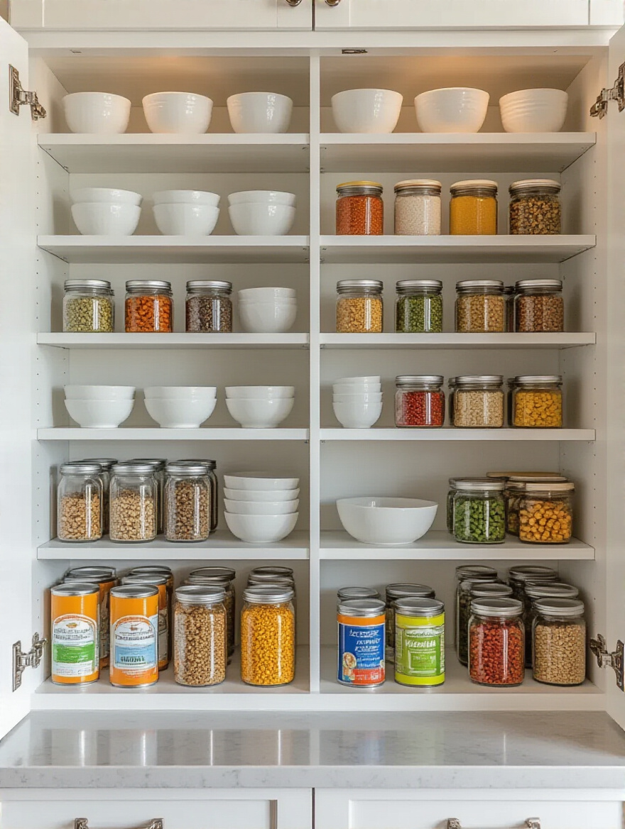 Upper kitchen cabinet interior showcasing white multi-tiered shelf risers organizing spice jars and canned goods. Items are neatly arranged on clear risers, demonstrating efficient vertical space utilization. The cabinet is well-lit and tidy.