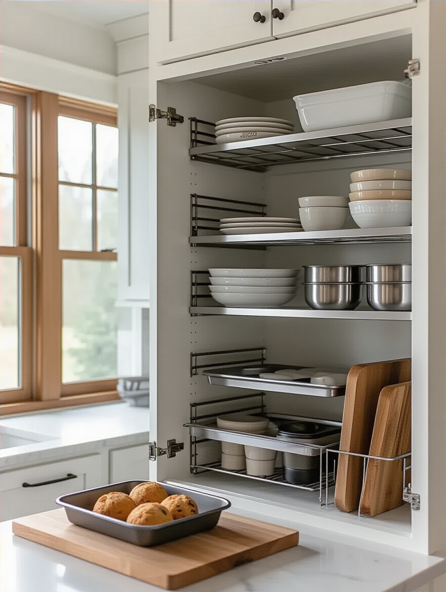 Open cabinet with vertical bakeware dividers organizing sheets, pans, and boards