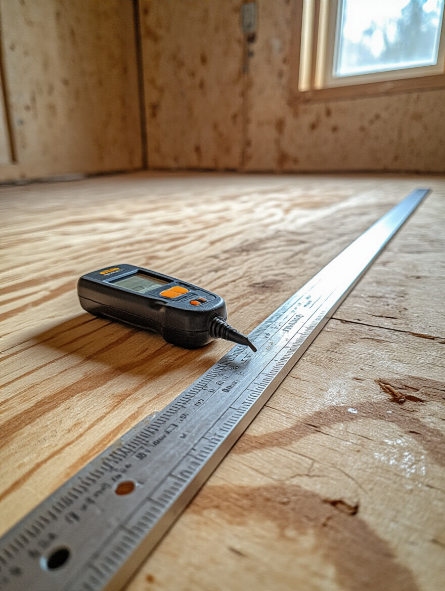 A digital moisture meter and a long straight edge placed on a clean plywood bathroom subfloor, illustrating the essential process of verifying subfloor integrity before new flooring installation.