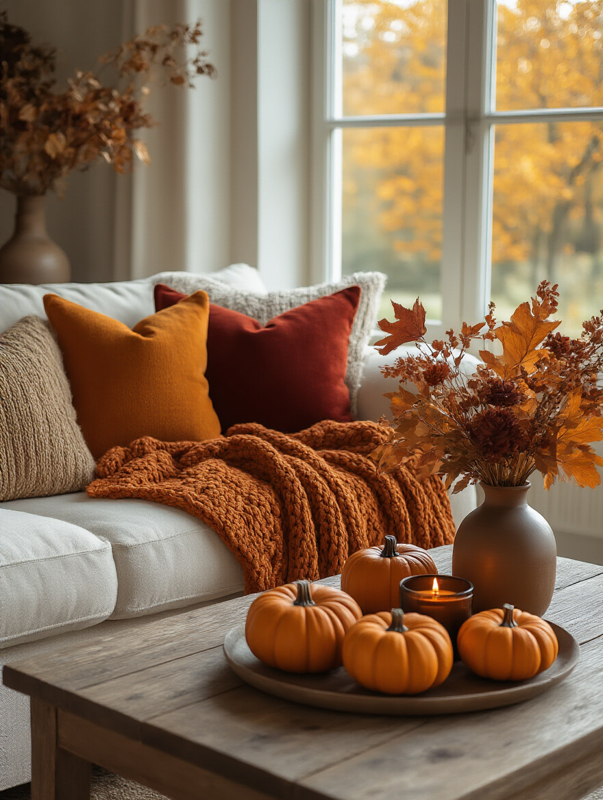 A cozy living room corner featuring seasonal autumn decor like warm pillows, a knit blanket, decorative pumpkins, and dried fall foliage, demonstrating seasonal adaptation.