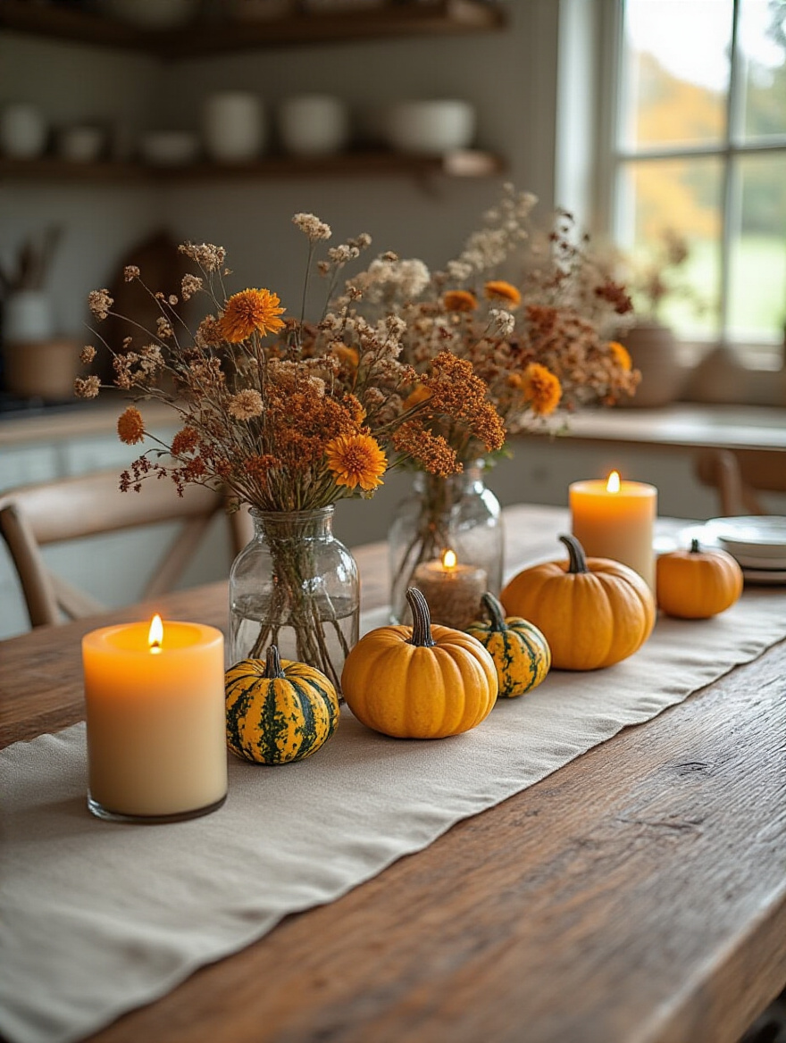 A stylish kitchen table display featuring autumn-themed decorations like miniature pumpkins, plaid napkins, and pillar candles, showcasing how to adapt decor for seasonal celebrations.