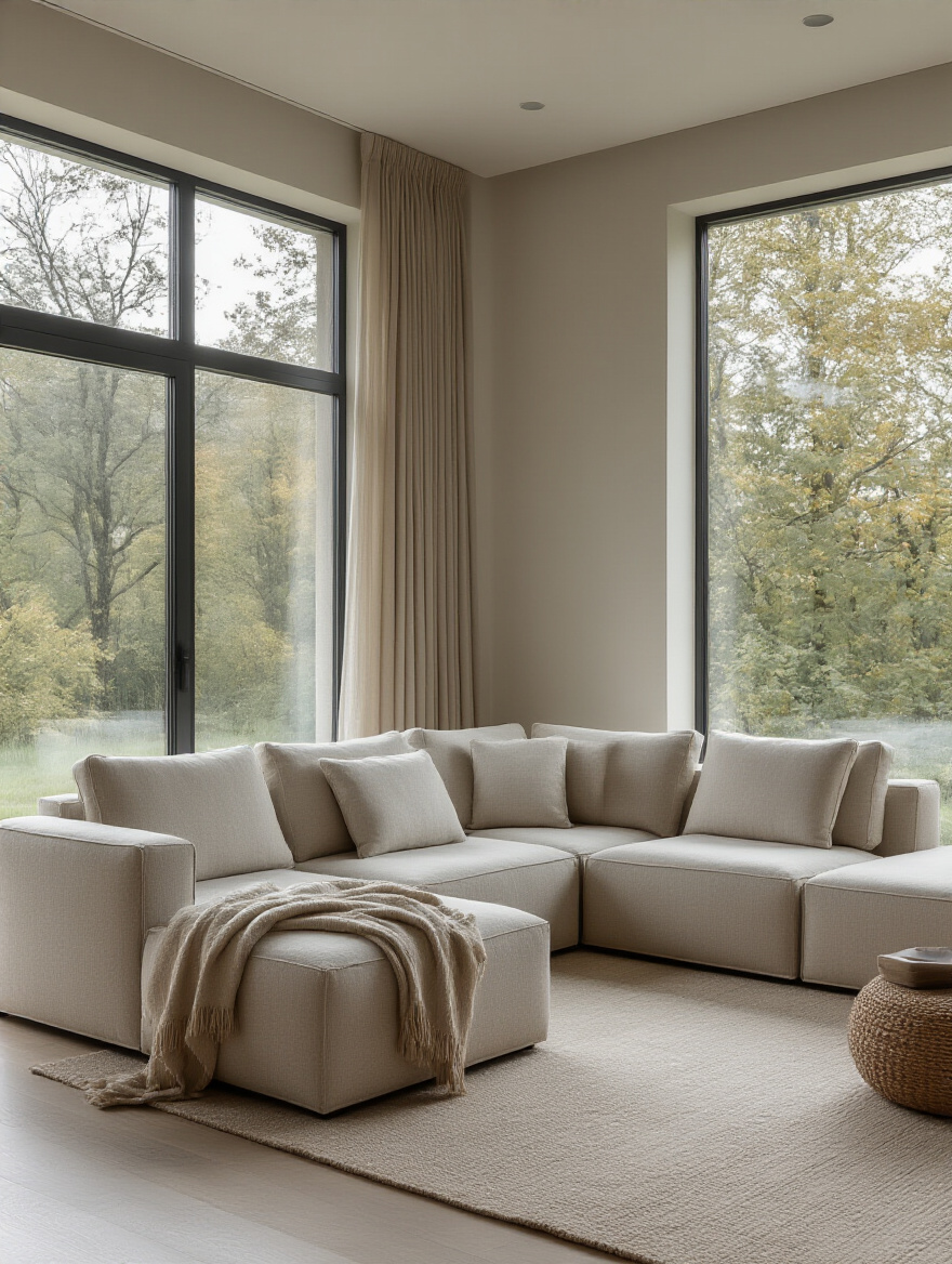 Modern living room with an elegant, neutral modular couch displaying subtle adaptive reconfiguration options, illuminated by soft natural light through a large window.