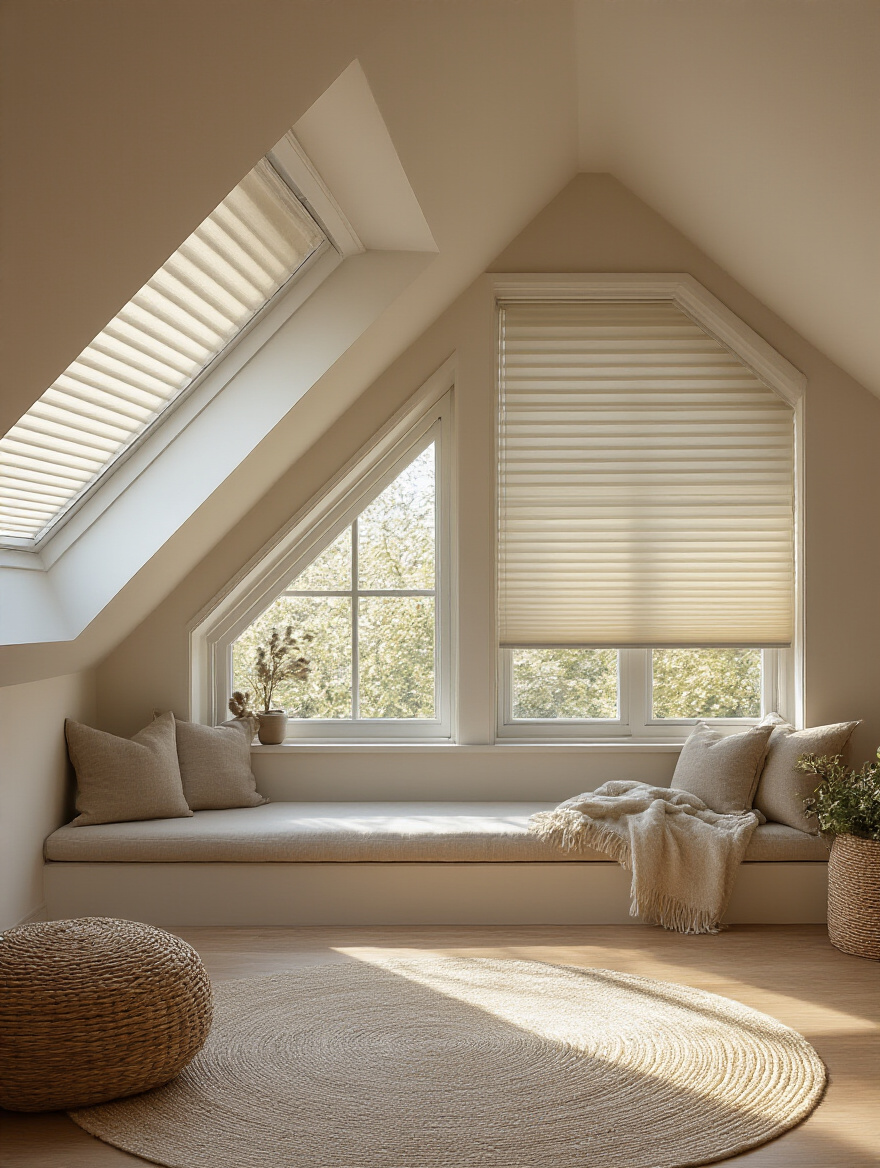 Cozy attic bedroom with partially drawn smart cellular shades on a sloped window, providing privacy and filtering sunlight into the stylish, minimalist space.