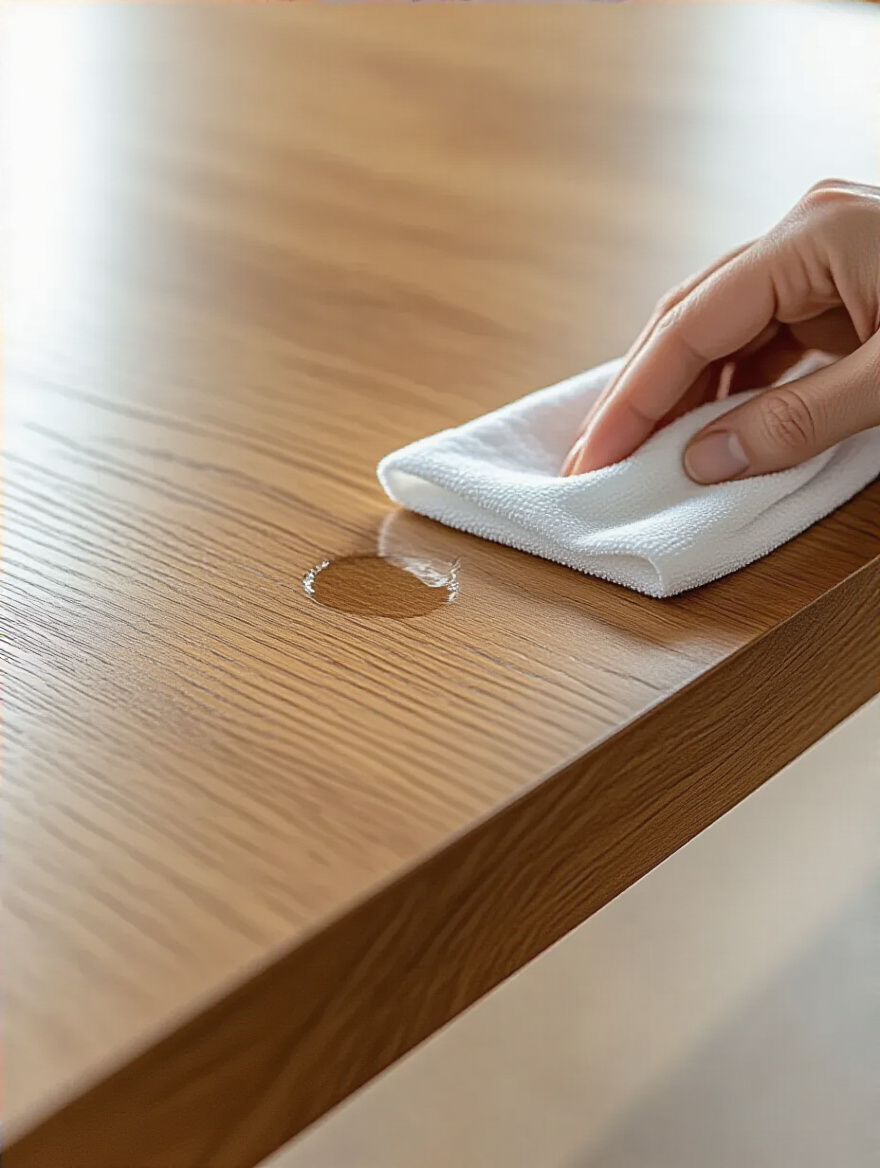 A microfiber cloth gently dabbing a water ring on a polished wooden dining table, illustrating prompt stain removal.