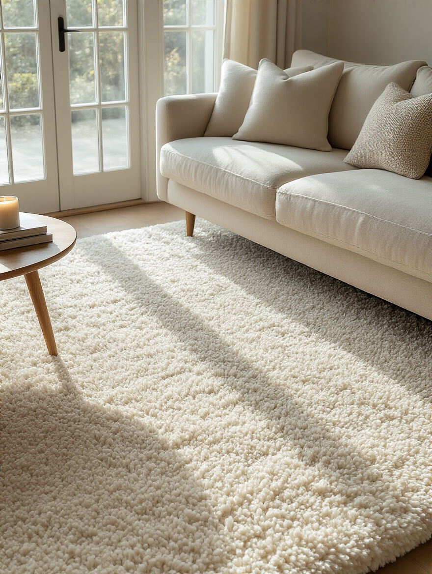 Luxurious cream deep-pile wool area rug anchoring a cozy living room with a plush sofa and wooden coffee table, warm hardwood floor visible.