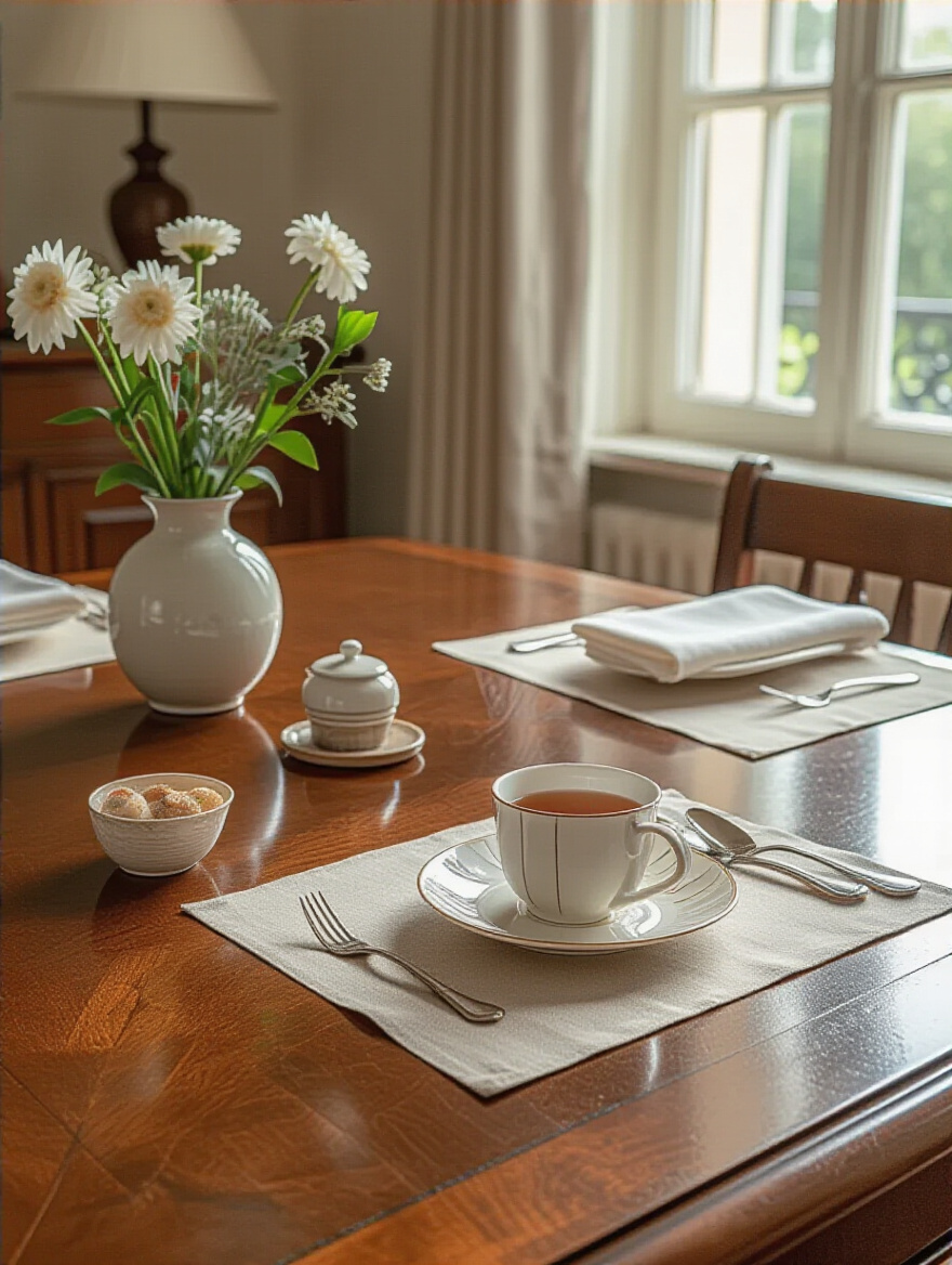 A stylish wooden dining table with a protective table pad and ceramic coaster, showing how to prevent scratches and heat damage.