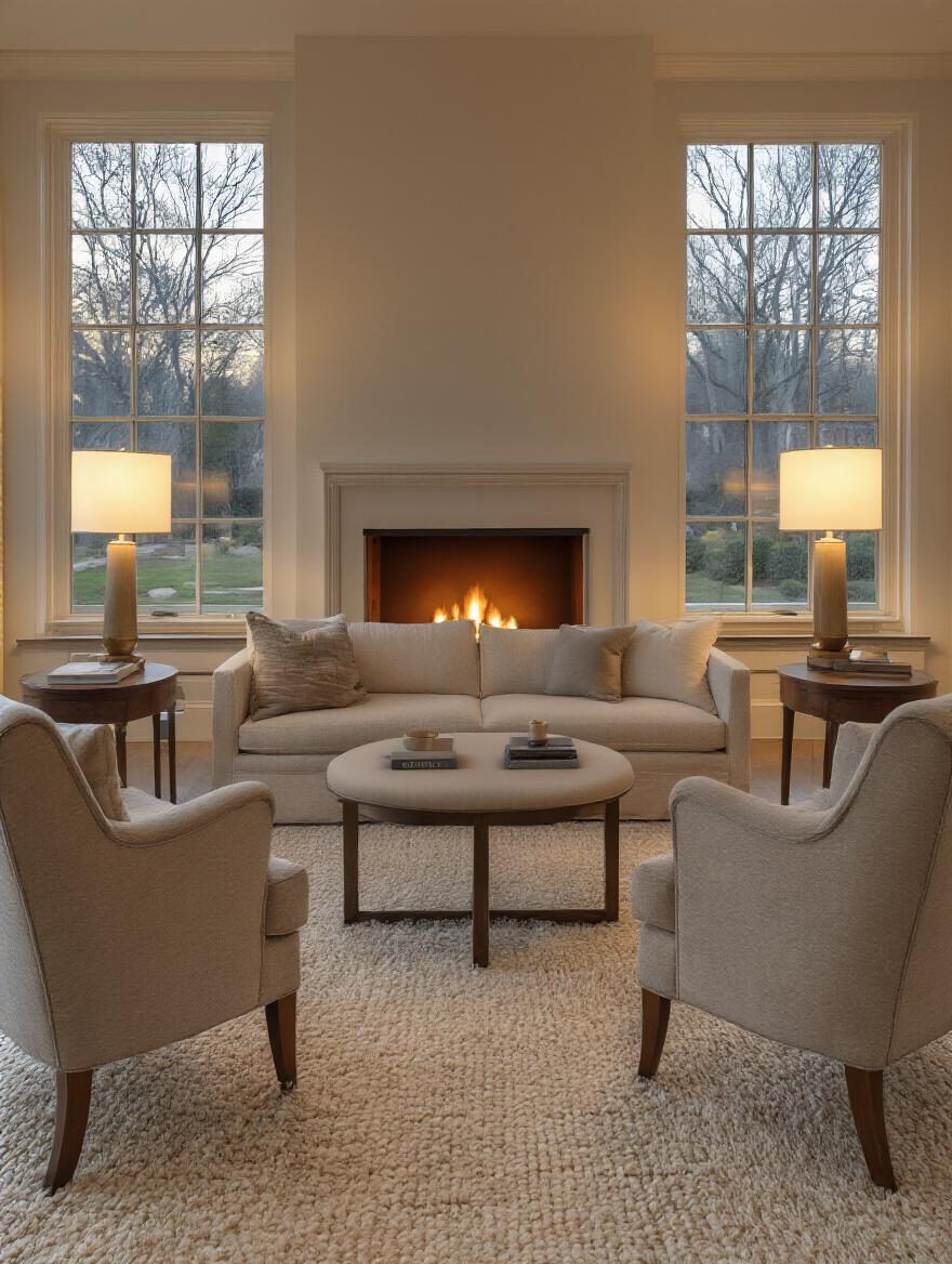 Cozy living room with two armchairs and a sofa facing each other over a coffee table, exemplifying intimate conversation furniture arrangement.