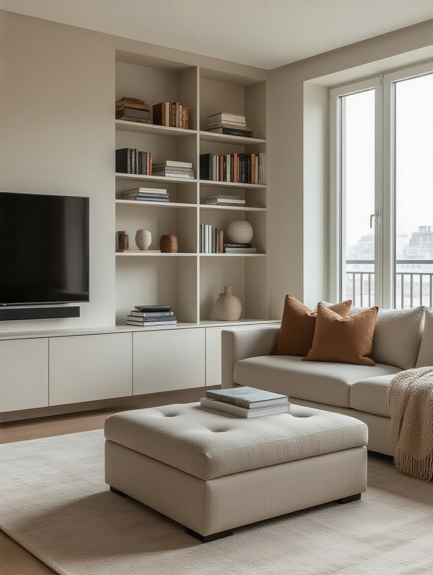 A clean, modern apartment living room with ample natural light, showing its unique architectural layout, a window, and fixed features, ready for decor planning. No people are present.