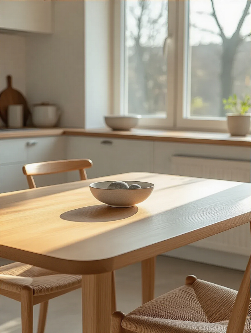 Modern kitchen table showcasing adaptable decor, ready for various uses, bright and organized space.