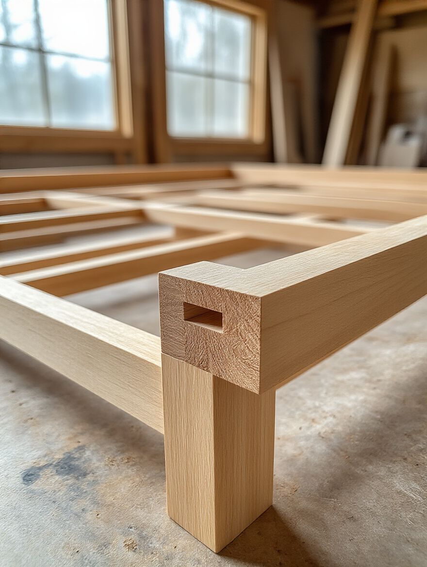 Close-up of a sustainably sourced hardwood couch frame showcasing strong mortise-and-tenon joinery, illustrating structural integrity.