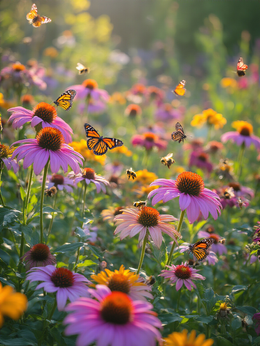 A close-up of a vibrant pollinator garden teeming with purple coneflowers, bee balm, and common milkweed, with monarch butterflies and bees actively visiting the blossoms, under soft golden hour light.