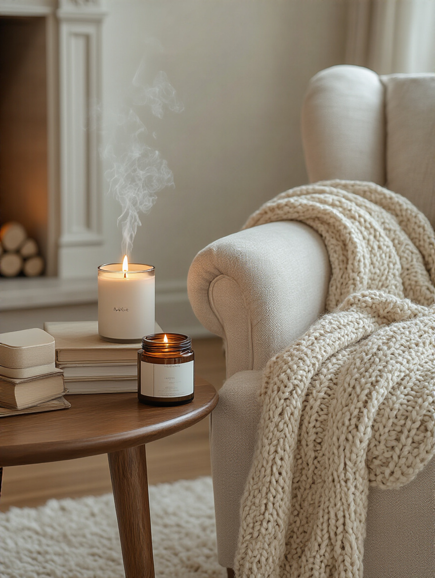 Aromatic candles and an essential oil diffuser on a side table in a cozy living room, emitting a warm glow and gentle mist, creating a comforting atmosphere.