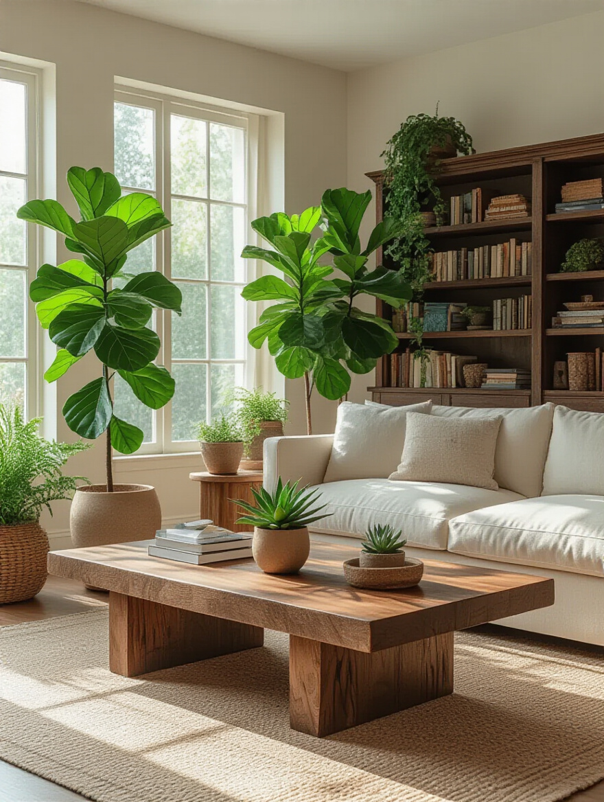 Cozy living room interior featuring a large fiddle leaf fig plant, smaller potted plants on a rich wood coffee table, a cream sofa, and a dark wood bookshelf filled with plants and books. The scene is bathed in natural light, showcasing natural elements.