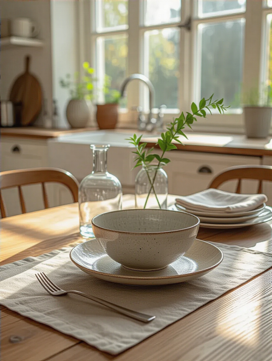 A thoughtfully decorated kitchen table with high-quality, versatile items like a linen runner, ceramic bowl, and glass vase, demonstrating smart decor budgeting.
