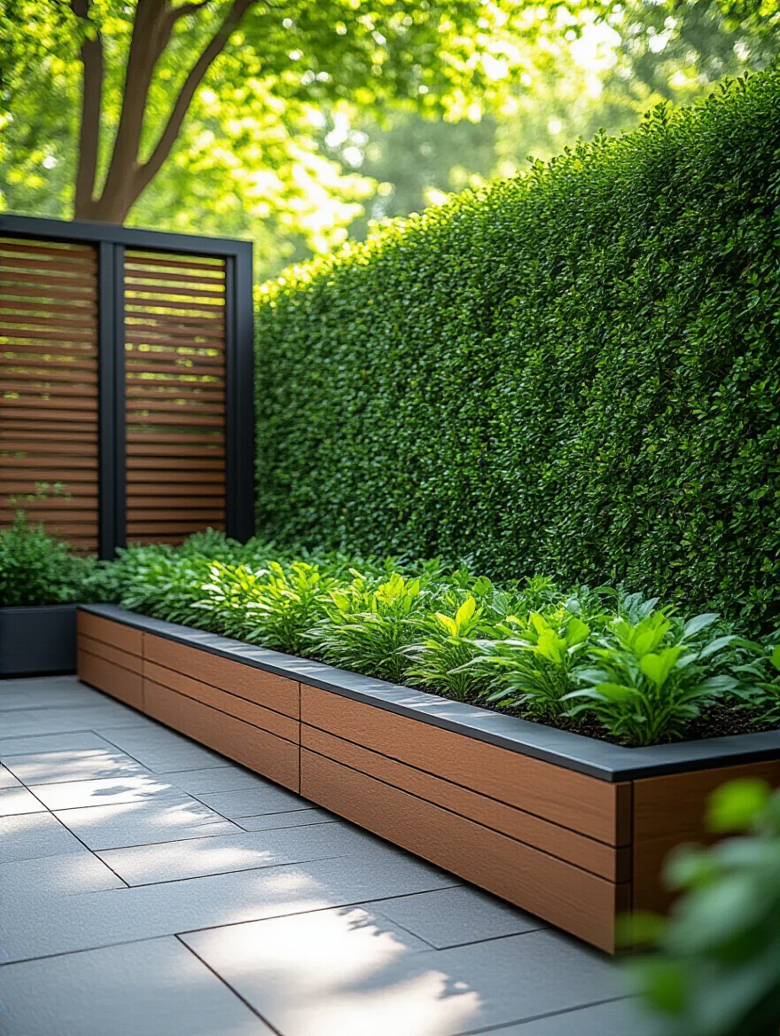 A serene backyard featuring a modern composite privacy screen integrated with planters and a dense evergreen hedge providing complete seclusion and a lush green backdrop.