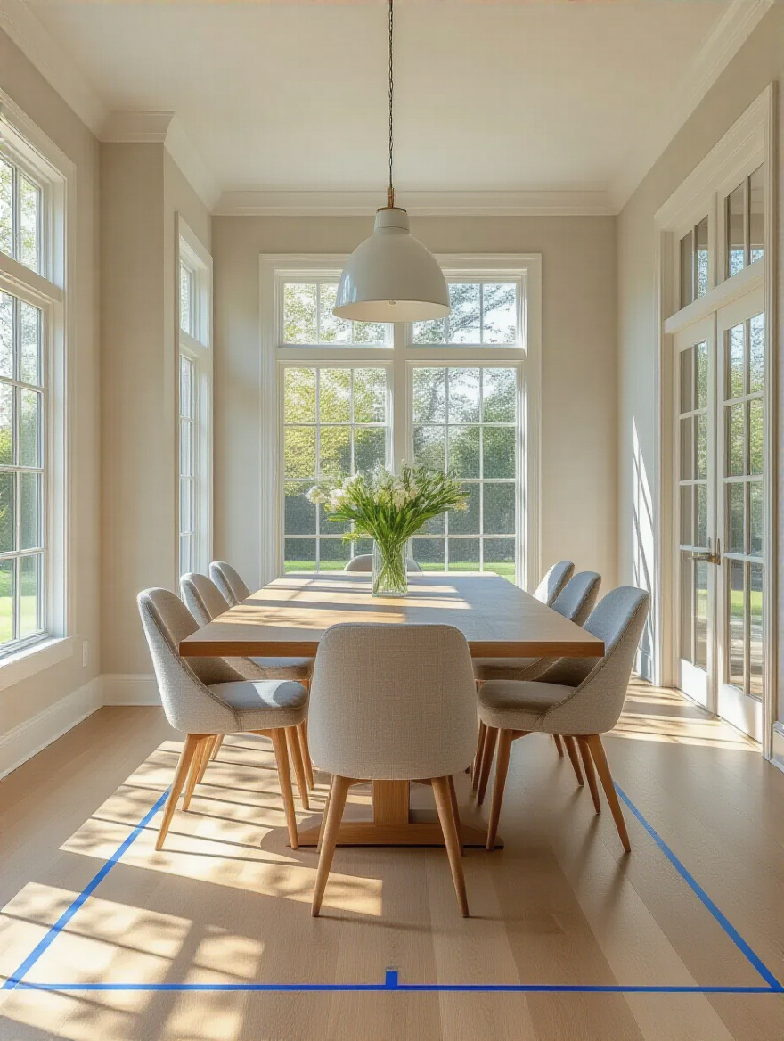 A dining room with painter's tape on the floor marking the planned dimensions for a dining table, illustrating precise room dimension calculation.