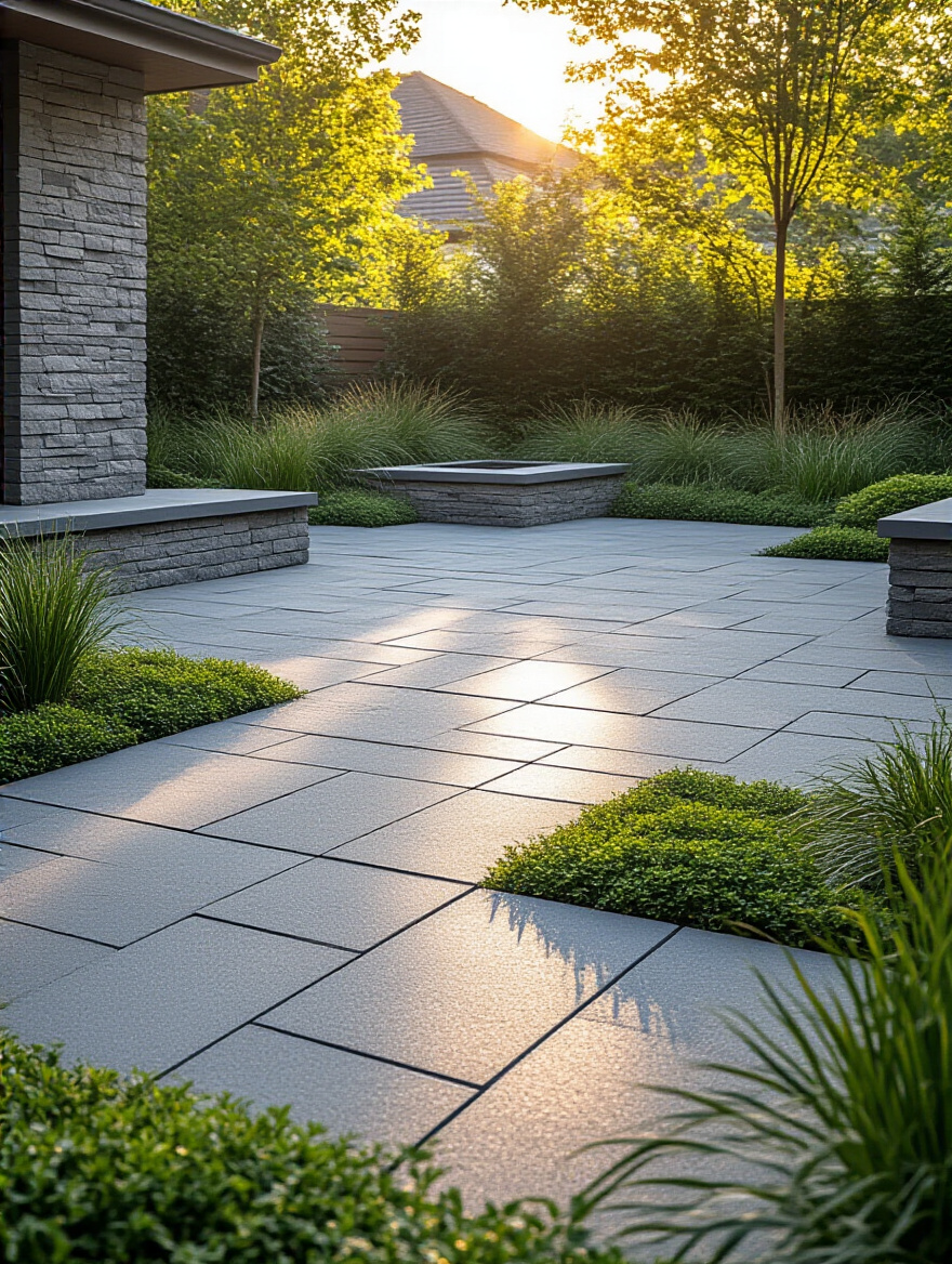 Beautifully laid gray permeable pavers forming a modern backyard patio with stacked stone wall and lush greenery, showcasing durable hardscaping materials.