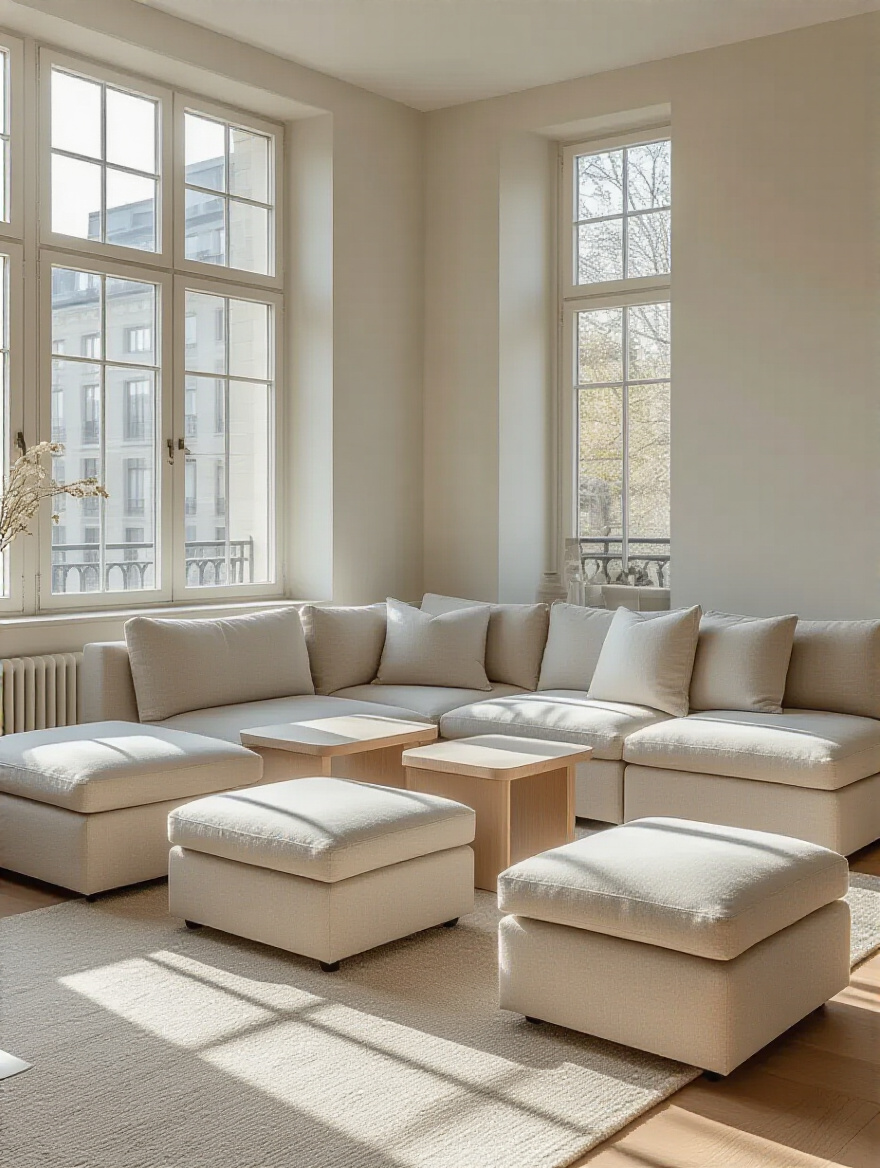 Apartment living room with modular light beige sofa, nesting wood coffee tables, and a wheeled ottoman, emphasizing flexible furniture for dynamic layouts.