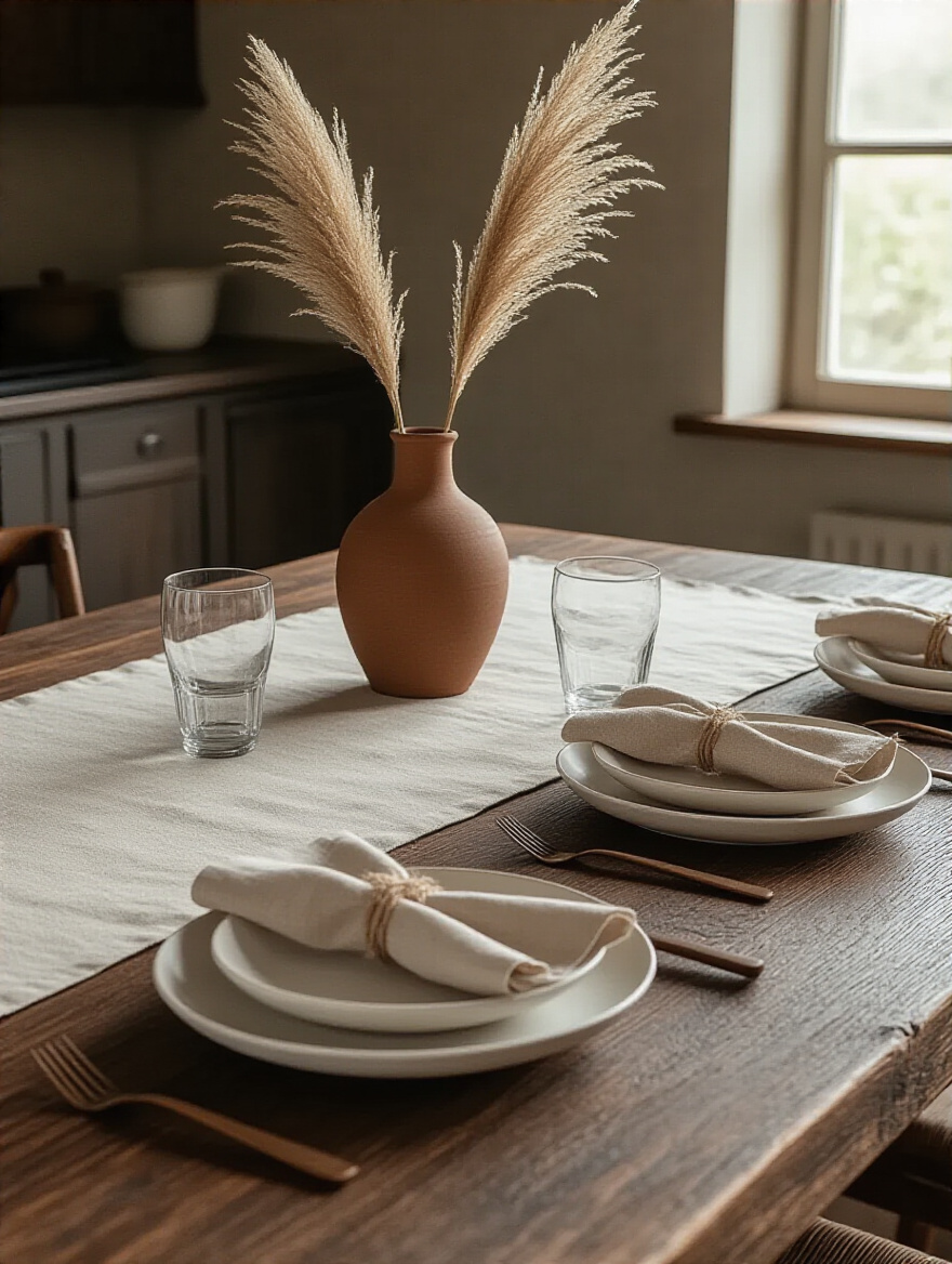 Rustic dark wood kitchen table with a subtle, undyed raw linen tablecloth, minimalist ceramic dishes, and a terracotta vase with dried pampas grass. Showcasing how to choose kitchen table linens that complement the existing decor for an elegant setting.