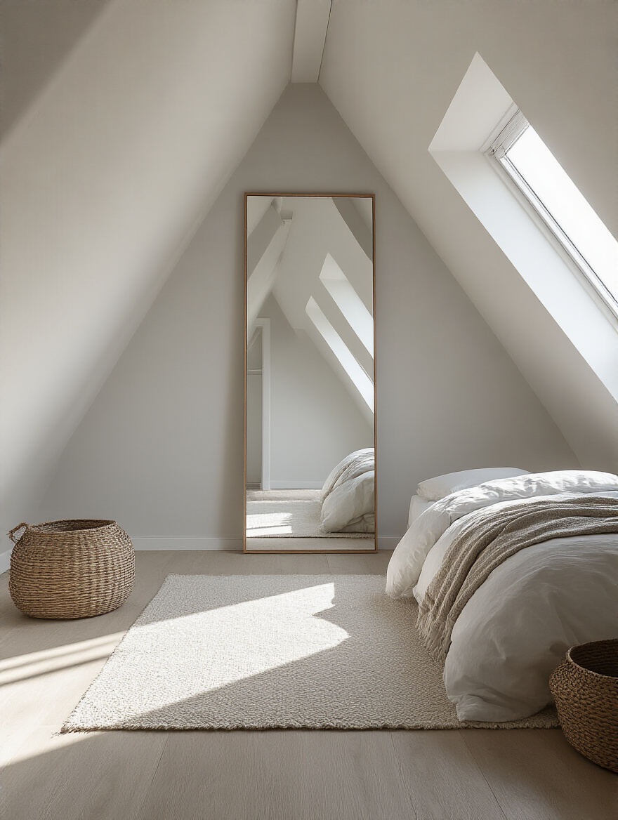 Bright attic bedroom with light-colored walls and sloped ceilings, a large mirror reflecting natural light, and subtle vertical wall treatments that visually enlarge the space.