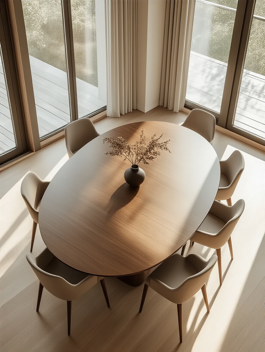 Elegant oval dining table in a modern dining room, illustrating optimal space flow and intimate setting