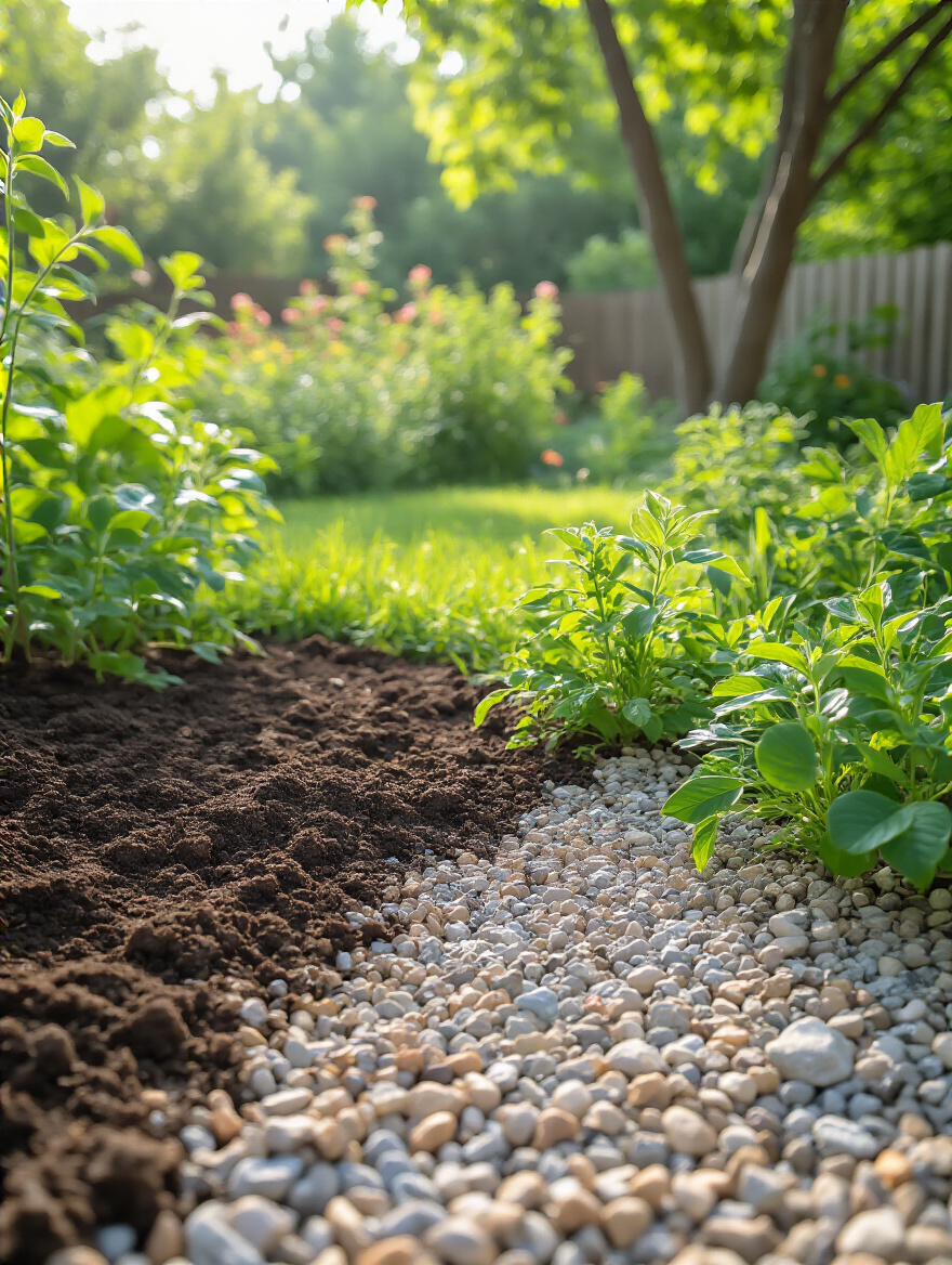 Overhead view of a backyard undergoing a comprehensive site analysis, revealing sun patterns, soil variations, and natural drainage channels.