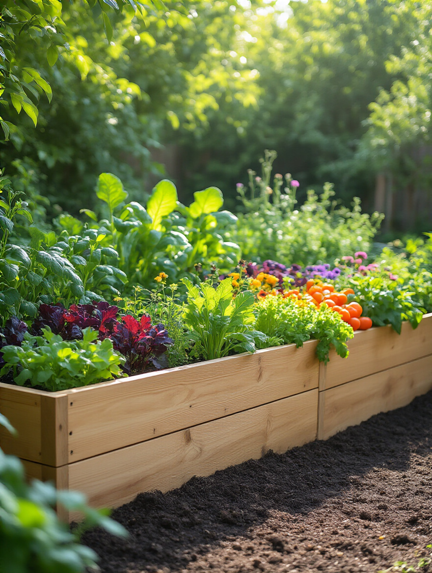 A vibrant, well-maintained cedar raised garden bed overflowing with healthy vegetables and herbs, demonstrating diverse planting options in a backyard setting.