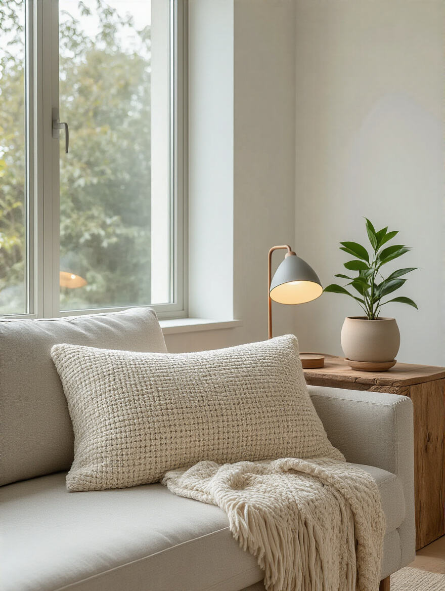 A beautifully arranged living room micro-environment featuring a neutral couch, lumbar pillow, throw blanket, side table with a plant, and reading lamp, creating a tranquil vignette.