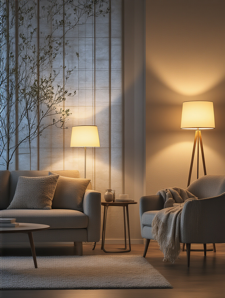 A cozy living room at evening, softly lit by layered and dimmable warm lights from various sources, including a table lamp and ambient ceiling light, creating an inviting glow.