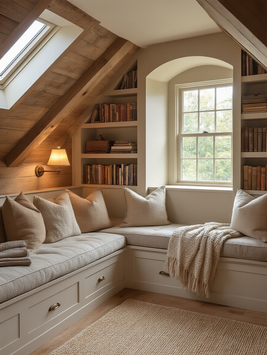 Cozy attic reading nook with a built-in upholstered bench seat, integrated custom bookshelves following the sloped ceiling, plush decorative pillows, and a wall-mounted reading light, illuminated by natural light from a dormer window.