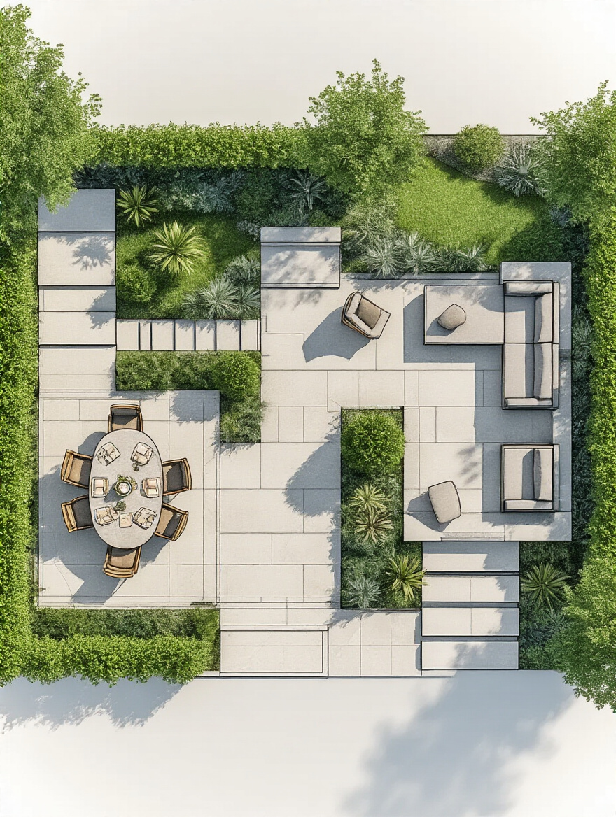 A sophisticated blueprint-style architectural rendering of a backyard landscape master plan from an overhead perspective, showcasing clearly defined functional zones for dining, relaxation, and gardening, interconnected by graceful pathways on a clean surface.