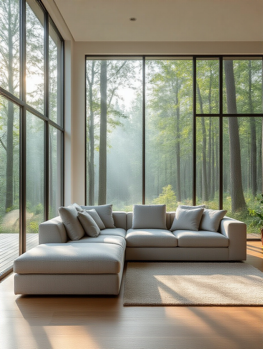 Elegant living room with a light grey sectional couch positioned to face a large window overlooking a lush forest, maximizing uninterrupted natural sightlines and promoting visual respite and tranquility.