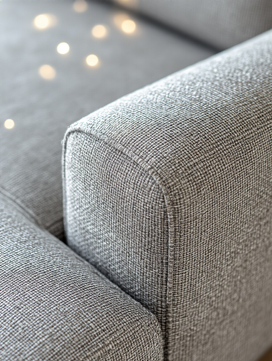 Close-up of durable, tightly woven grey couch fabric, highlighting texture and resistance to wear, for understanding fabric rub counts and pilling resistance.
