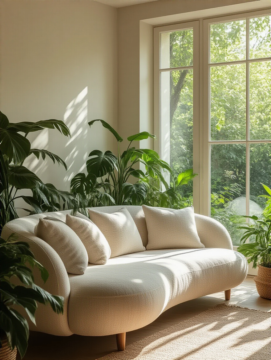 A tranquil living room interior featuring a curved, biophilic design couch with natural fabric upholstery, surrounded by lush indoor plants, receiving soft natural light from a window overlooking a garden.