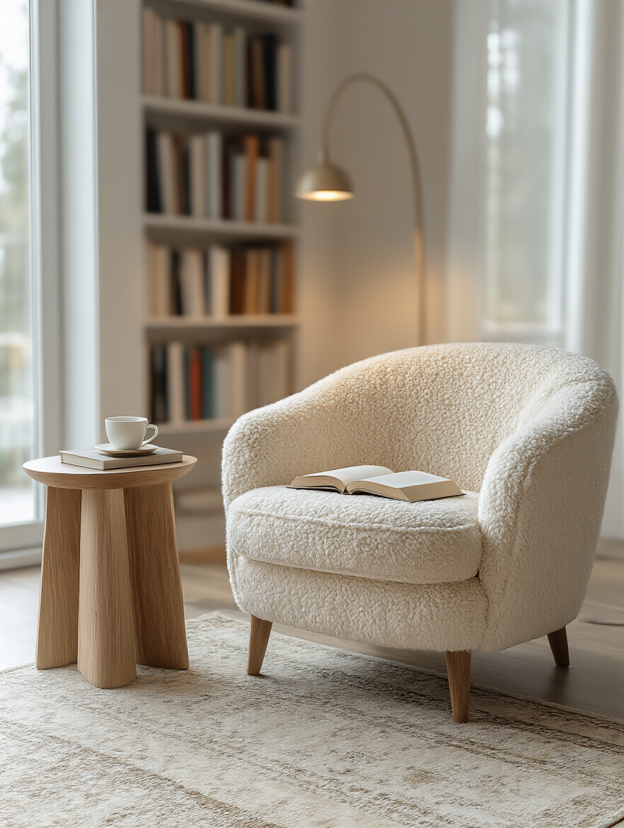 Cozy reading nook with plush armchair, modern side table, floor lamp, and a textured area rug in a naturally lit living room corner.