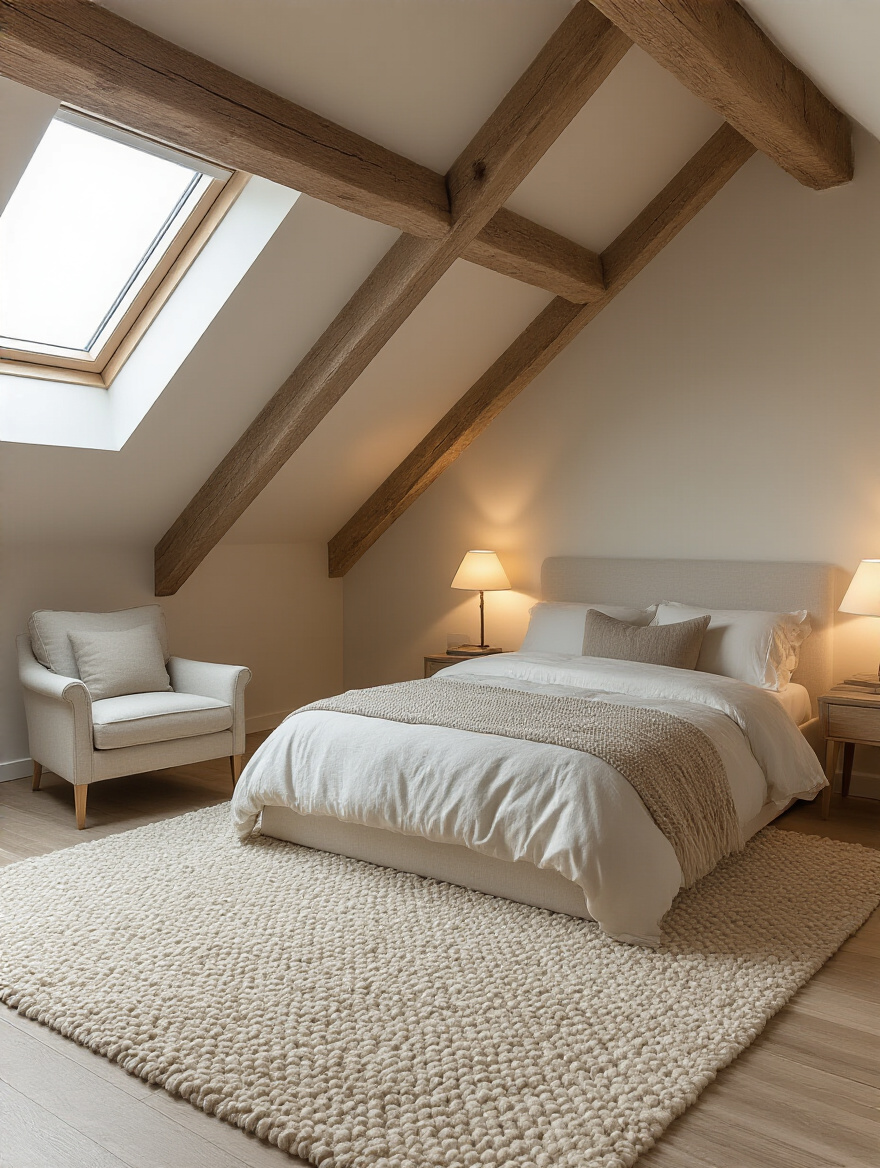 Attic bedroom with a large area rug defining a sleeping zone, enhanced by soft, layered lighting, featuring sloped ceilings and exposed beams.