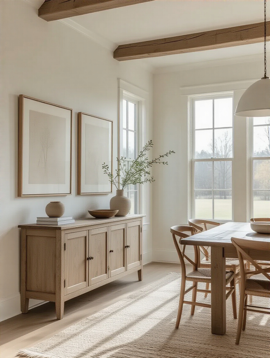 An elegant dining room with a defined modern farmhouse aesthetic and clear pathways, ready for new dining table selection.