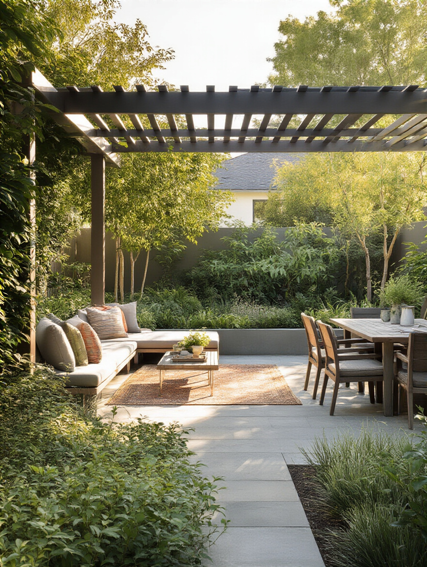 A beautifully designed backyard showing distinct functional zones including a shaded seating area, vibrant planting, and dining patio under warm morning light, representing thoughtful outdoor lifestyle planning.