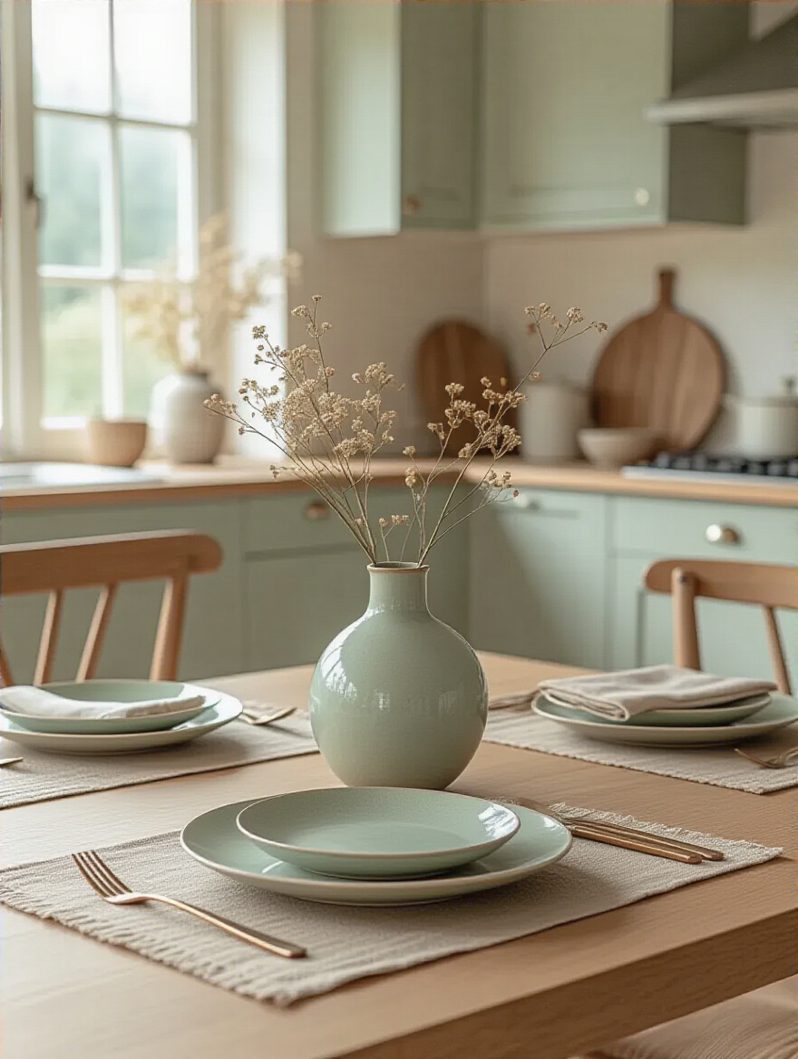 Kitchen table decorated with a cohesive decorative theme and specific color palette, showcasing intentional design with a central floral arrangement and elegant place settings, creating a unified look.