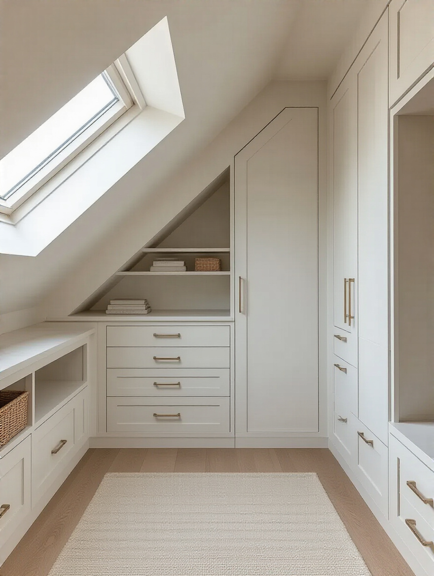 A beautifully designed modern attic bedroom featuring bespoke built-in storage seamlessly integrated under a sloped ceiling and around a dormer window.